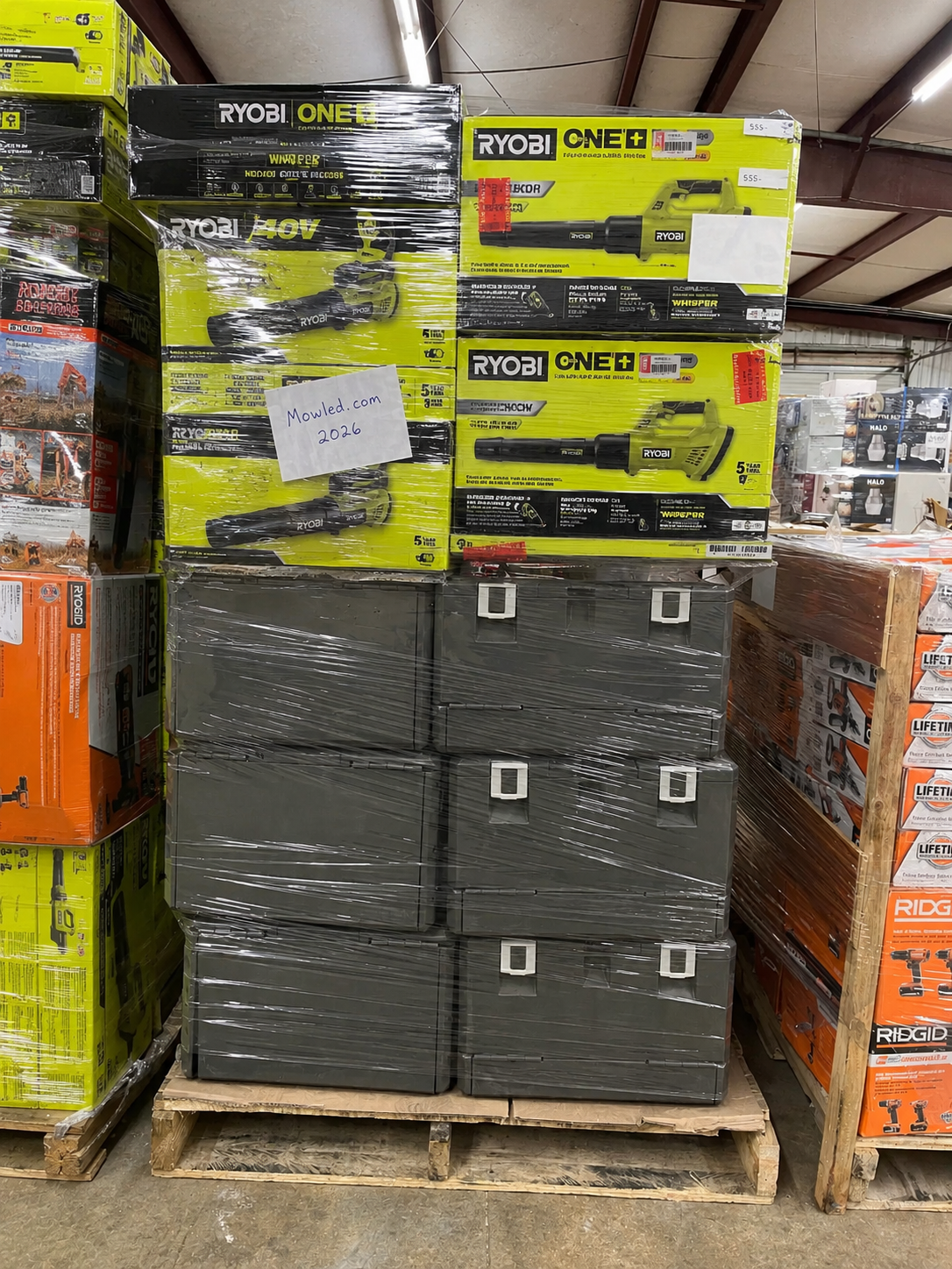 Tool storage cases and equipment stacked in the warehouse